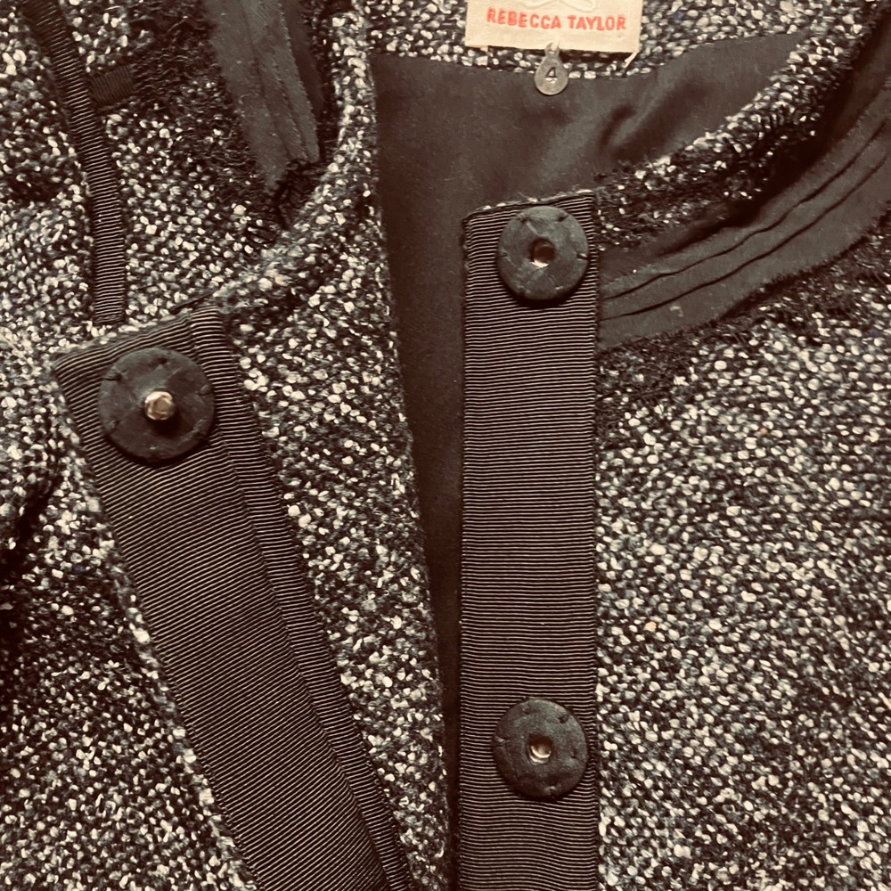 REBECCA TAYLOR Tweed Collarless Jacket Black Tweed Blazer Lace Trim Women's SZ 4 - Picture 11 of 16